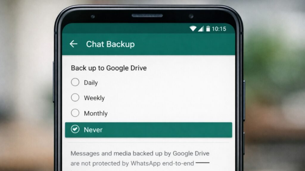 WhatsApp chat backup settings showing Back up to Google Drive set to Never