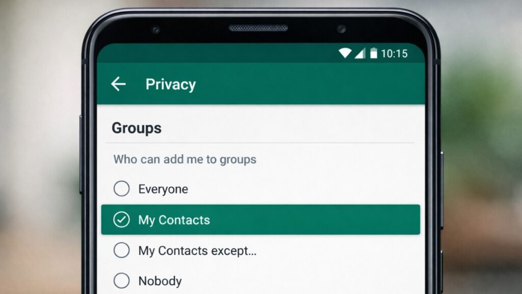 WhatsApp group privacy settings showing My Contacts option selected