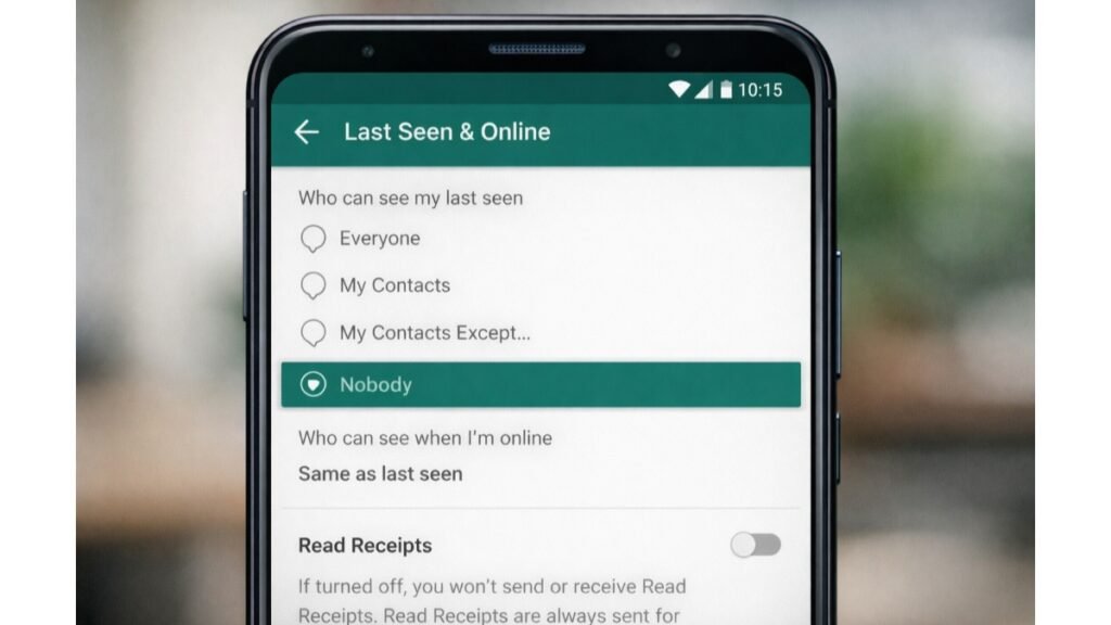 WhatsApp Last Seen set to Nobody and Read Receipts turned off for privacy