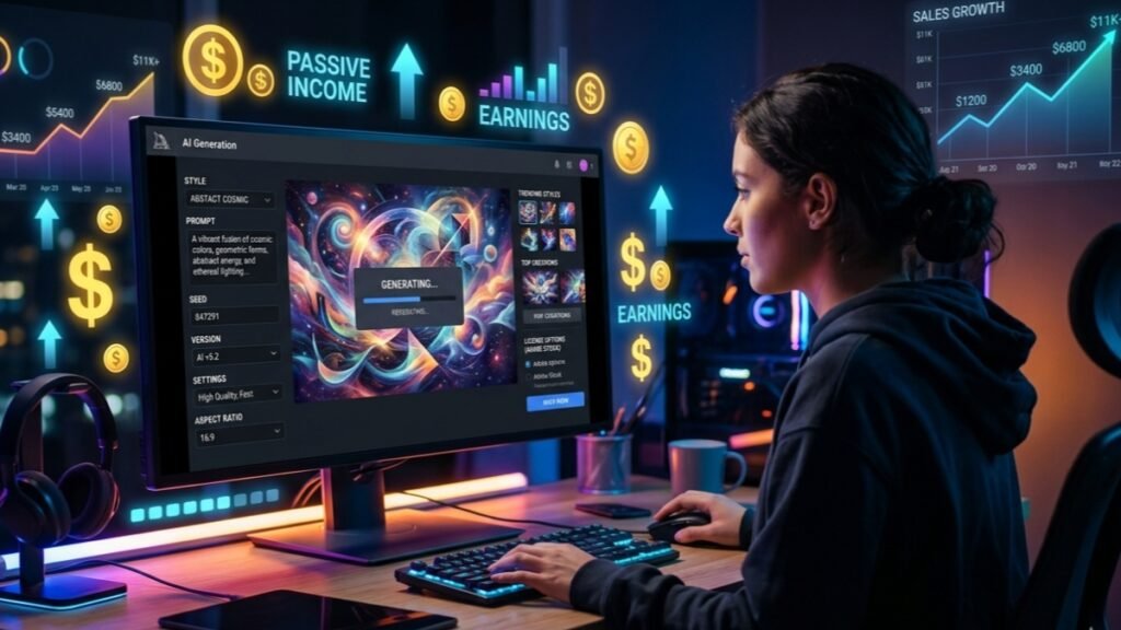 A futuristic digital workspace showing AI-generated art creation on a computer using Midjourney, with rising income charts and stock elements inspired by Adobe Stock