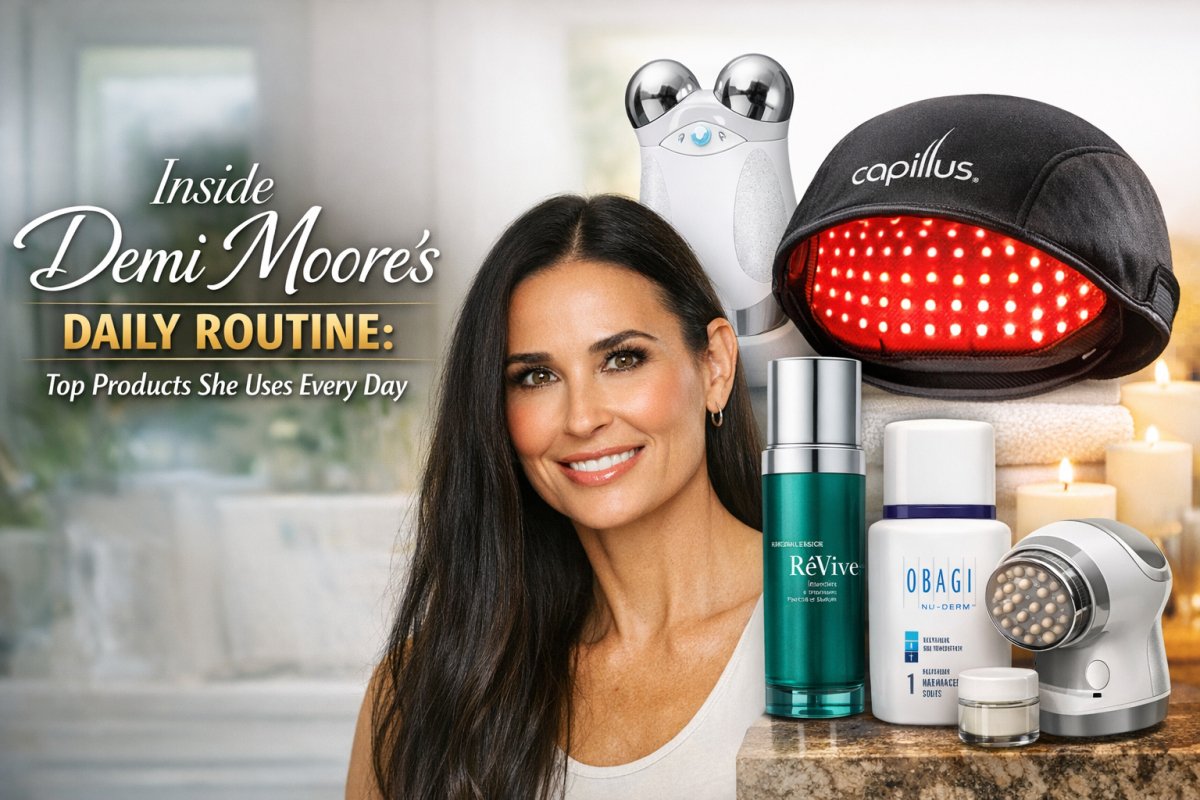 Demi Moore daily routine featuring facial toning device, Revive Intensité face serum, Obagi Nu-Derm skincare, Capillus red light therapy mask, and body massager