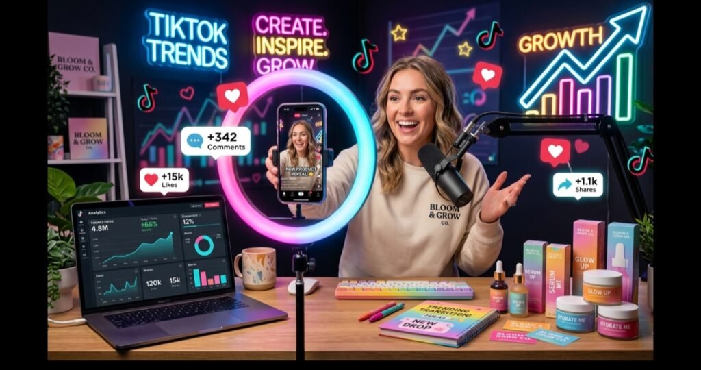 Small business owner creating TikTok marketing content using smartphone with ring light and analytics dashboard