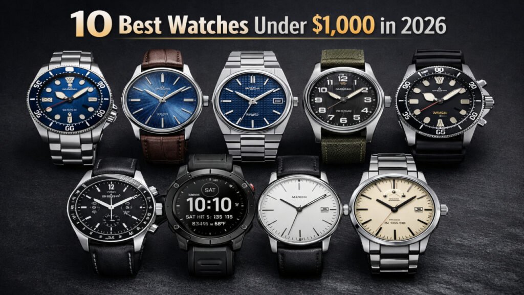 collection of the best watches under $1000 including Seiko, Tissot PRX, Hamilton Khaki, Citizen Promaster and Bulova Lunar Pilot