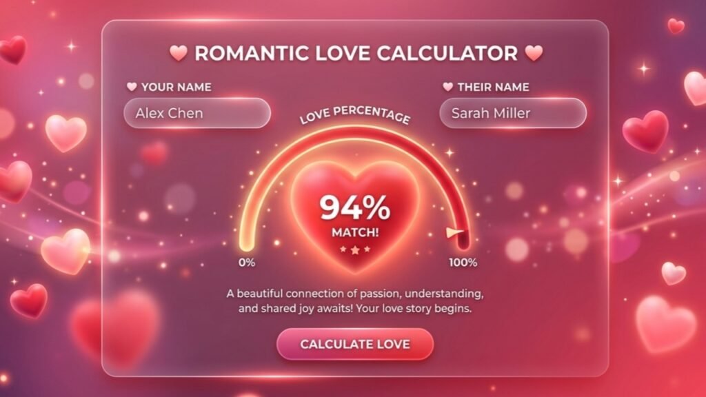Love calculator name test online tool showing couple compatibility percentage