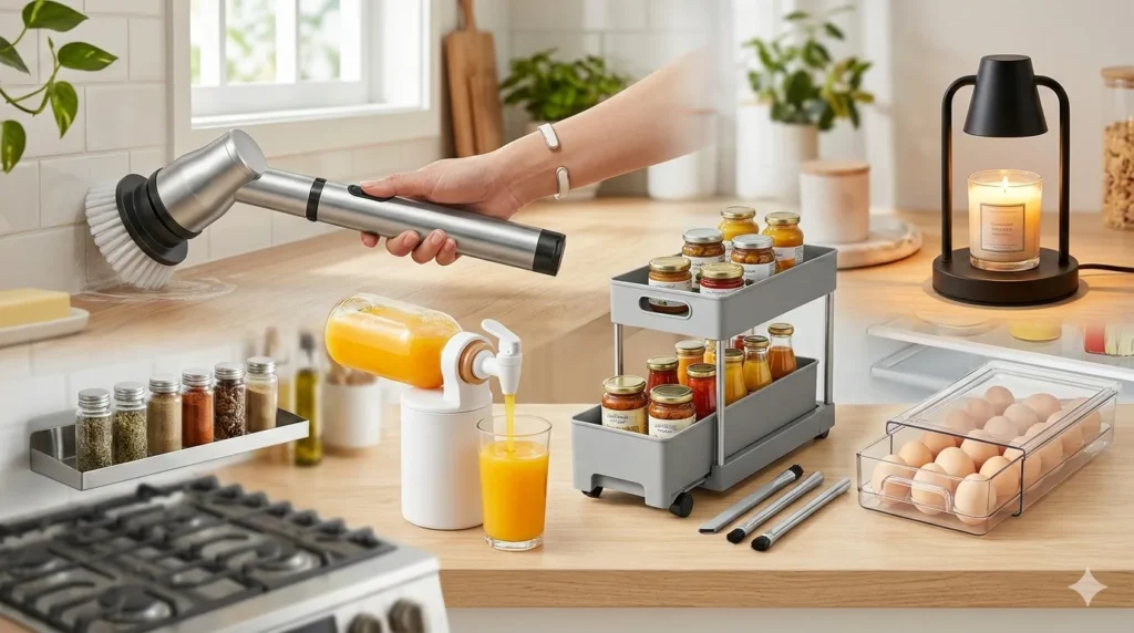 A collage of 7 viral Amazon home products including an electric spin scrubber, a beverage dispenser, and a smart candle warmer in a clean modern kitchen setting.