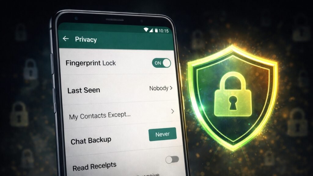 WhatsApp privacy settings showing fingerprint lock on, last seen nobody, and chat backup disabled for security