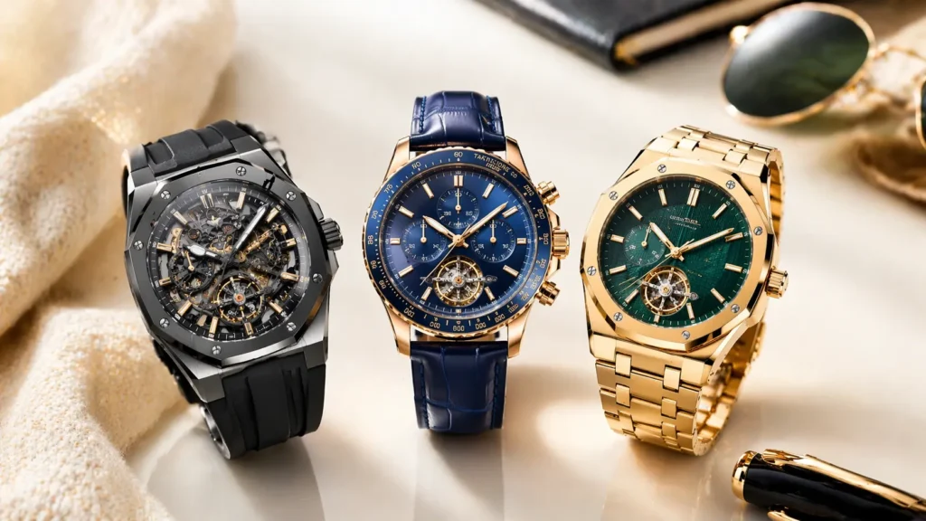 Best luxury watches for men in USA 2026 featuring gold, skeleton and chronograph premium wrist watches on light background